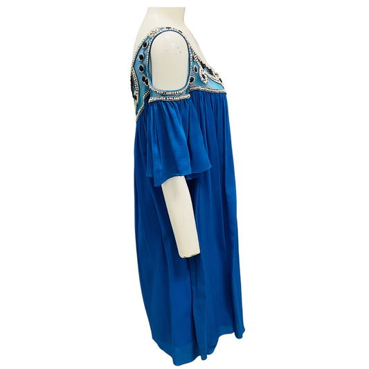 Temperley London Blue Bead Embellished Cold Shoulder Silk Chiffon Mini Dress