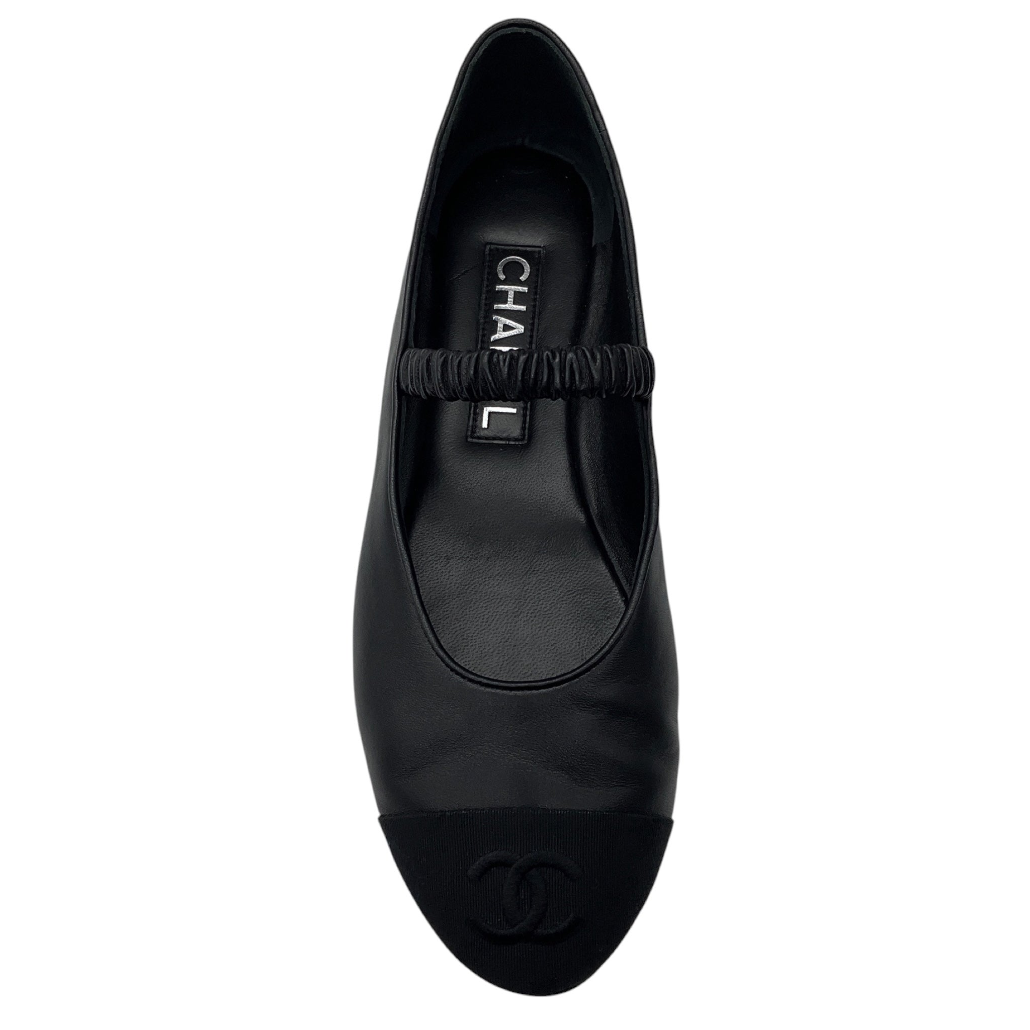 Chanel Black 2024 CC Logo Grosgrain Cap Toe and Leather Mary Jane Ballet Flats