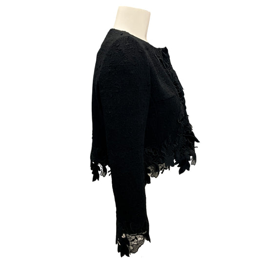 Oscar de la Renta Black Fall 2023 Embroidered Lace Trimmed Cropped Tweed Jacket