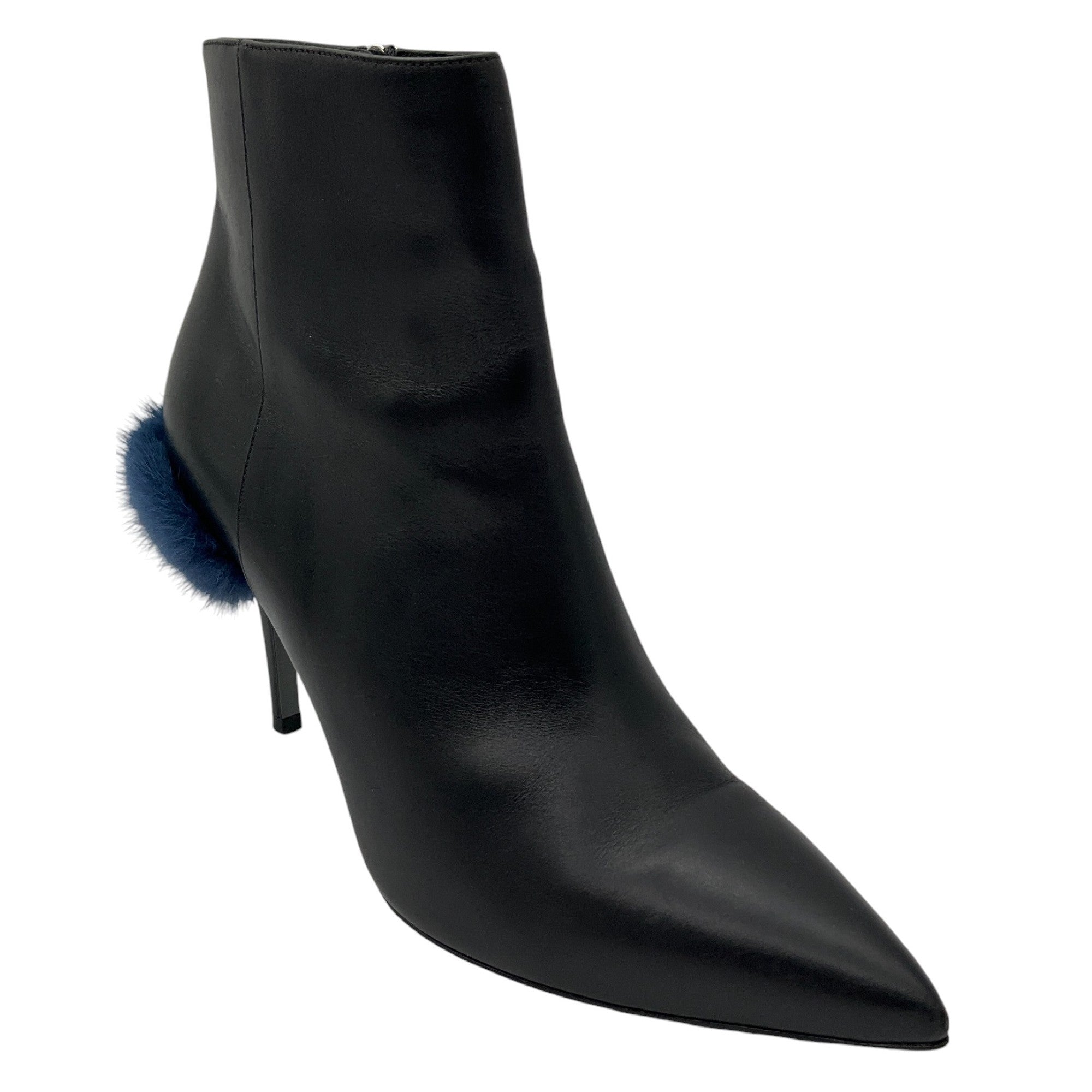 Fendi Black / Blue Fur Trimmed Heeled Leather Boots