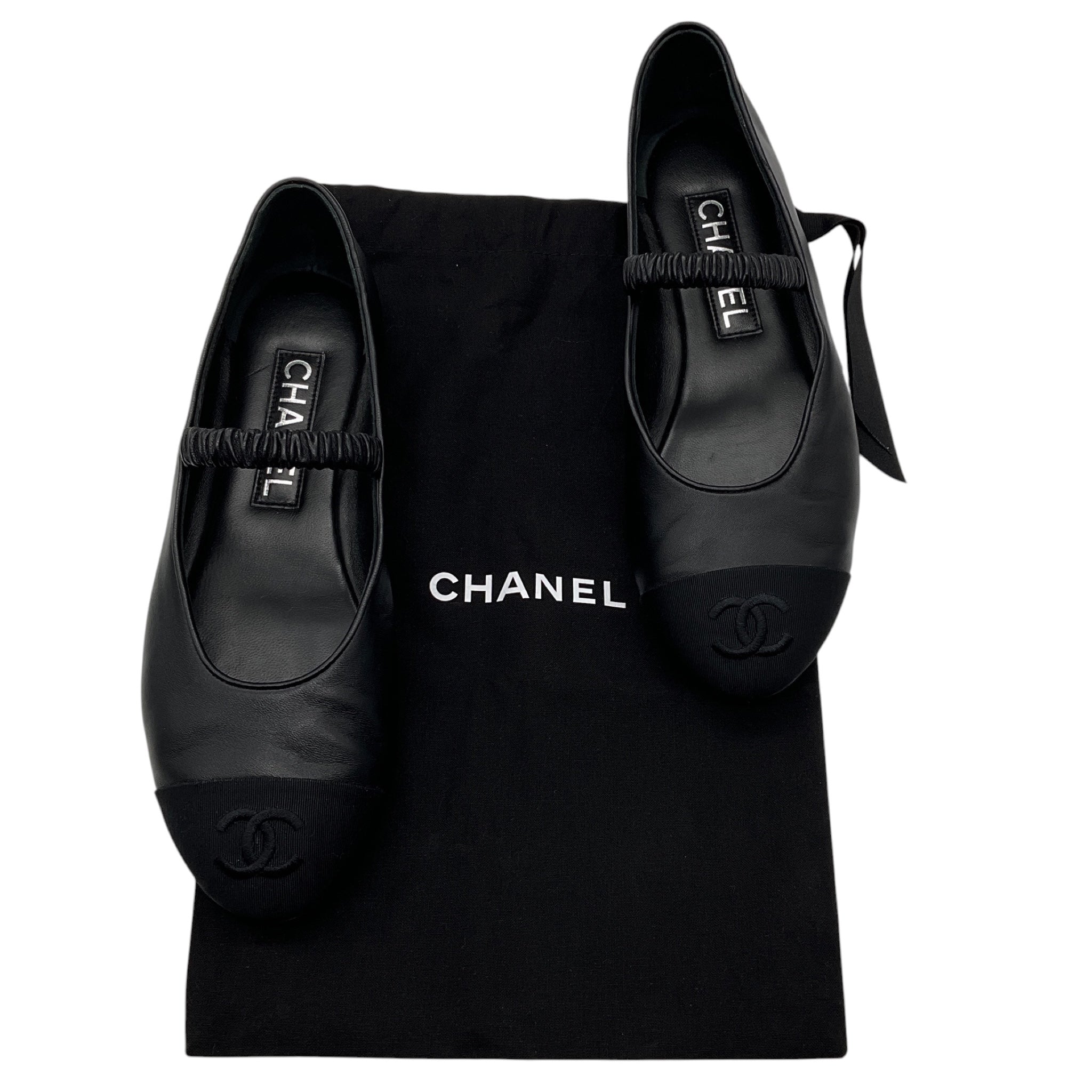 Chanel Black 2024 CC Logo Grosgrain Cap Toe and Leather Mary Jane Ballet Flats