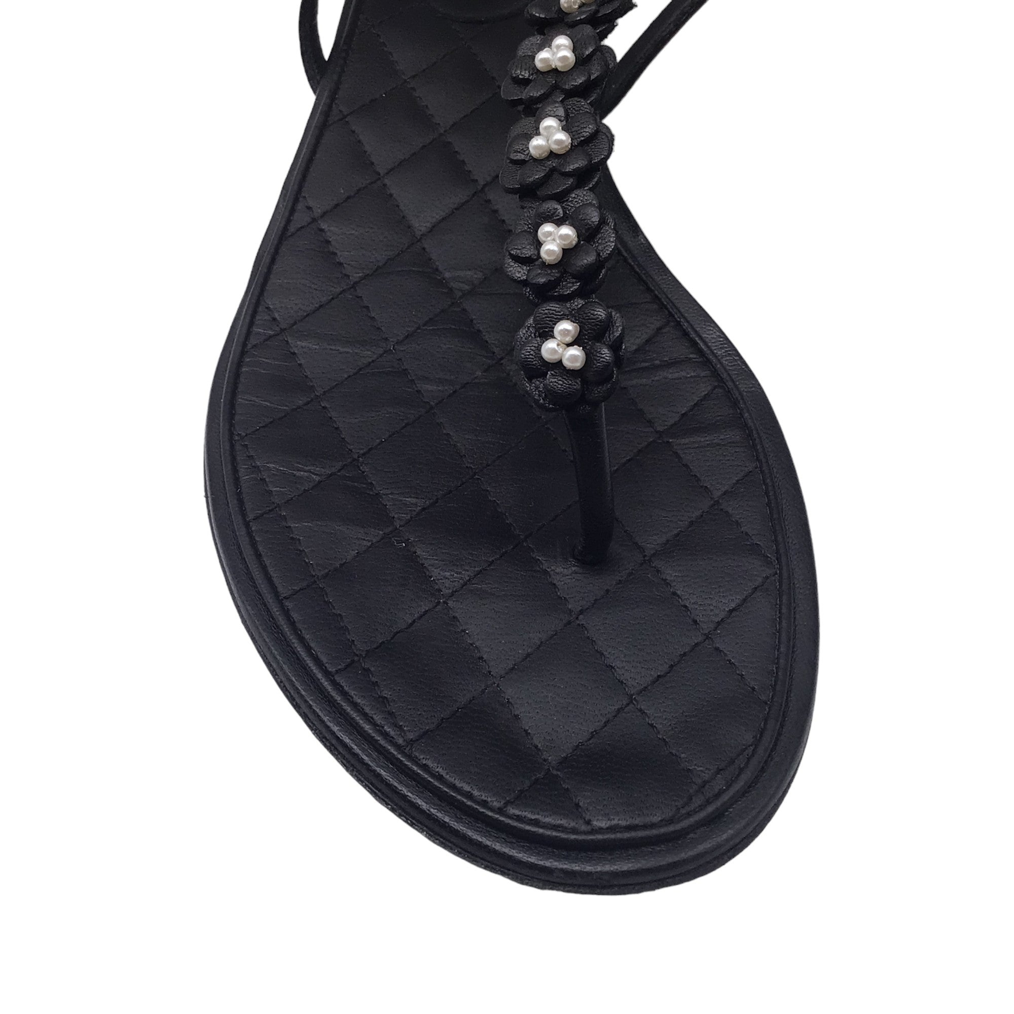 Chanel Black Pearl Embellished Camellia Flat Leather Sandals