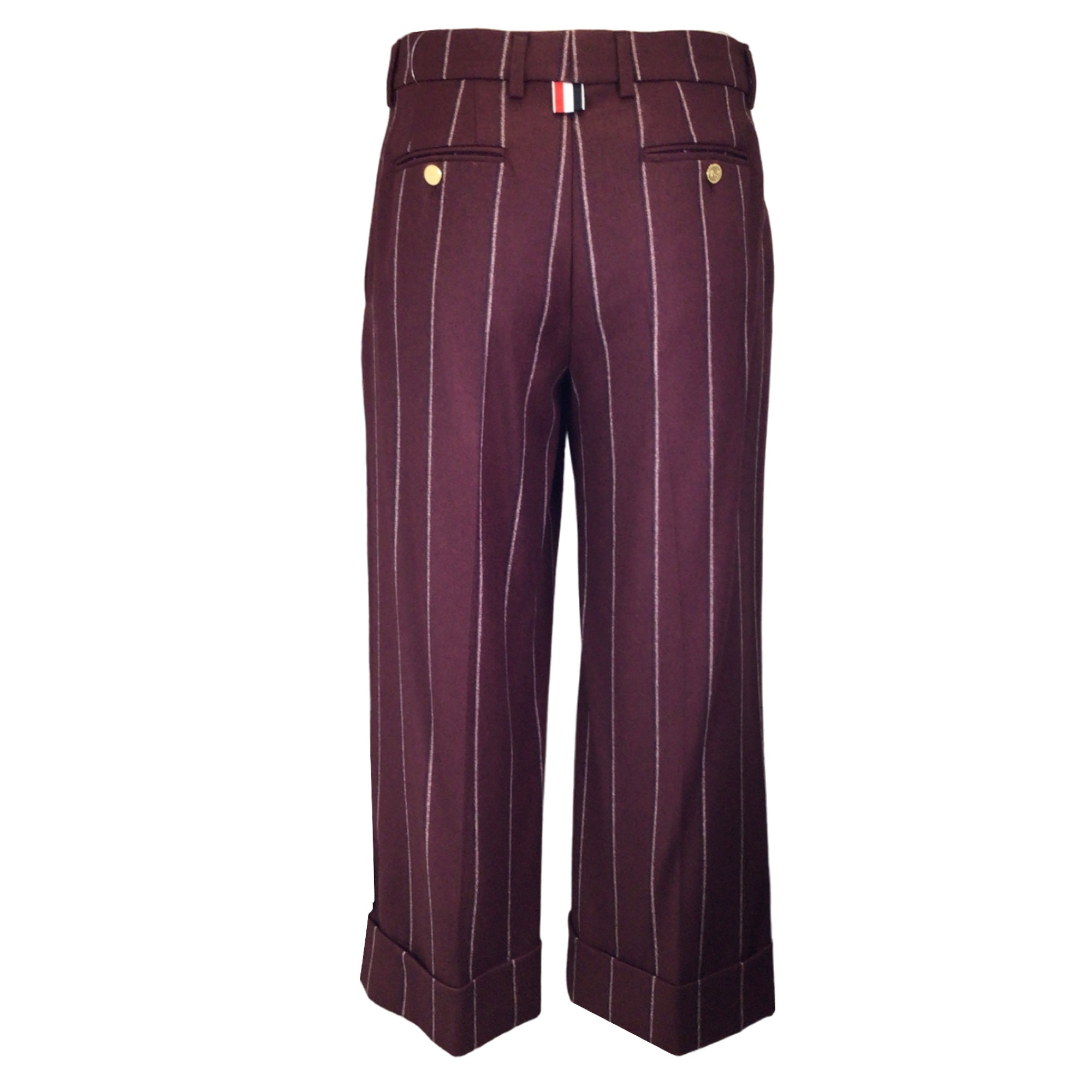 Thom Browne Burgundy Pinstriped Cropped Wool Trousers / Pants