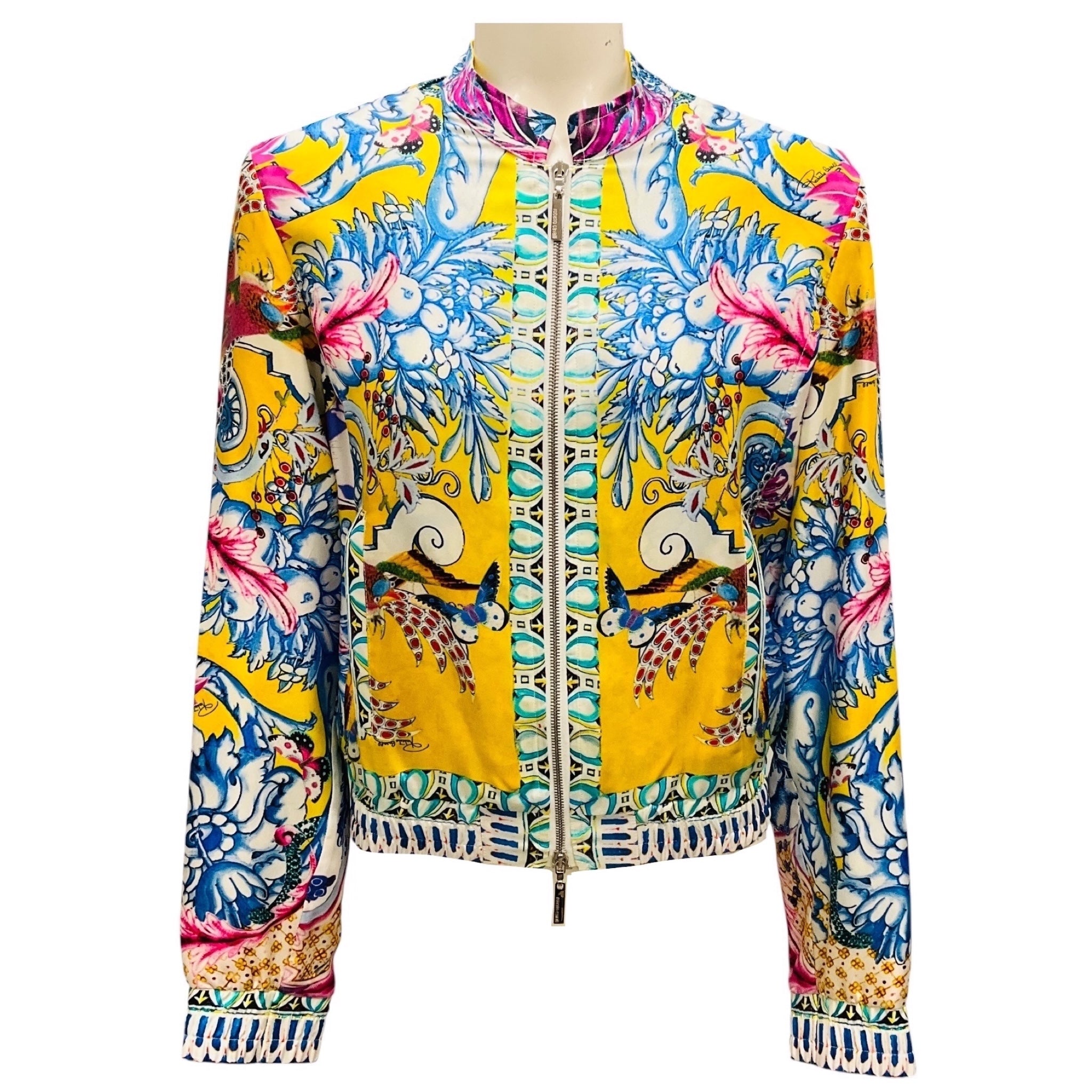 Roberto Cavalli Yellow Multi Printed Silk Bomber Jacket