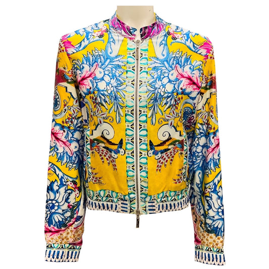 Roberto Cavalli Yellow Multi Printed Silk Bomber Jacket
