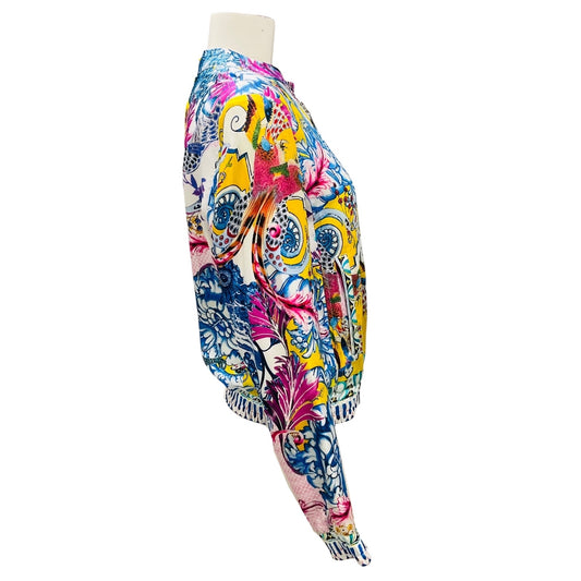 Roberto Cavalli Yellow Multi Printed Silk Bomber Jacket