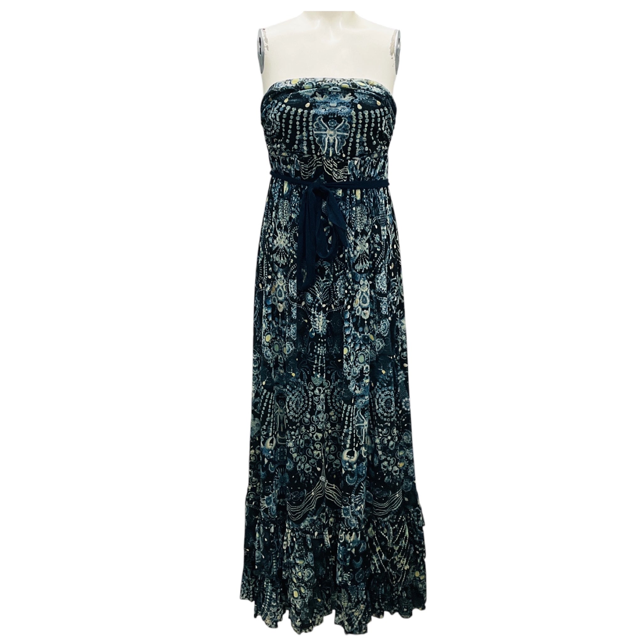 Jean Paul Gaultier Soleil Navy Blue Multi Strapless Mesh Tulle Midi Dress with Belt