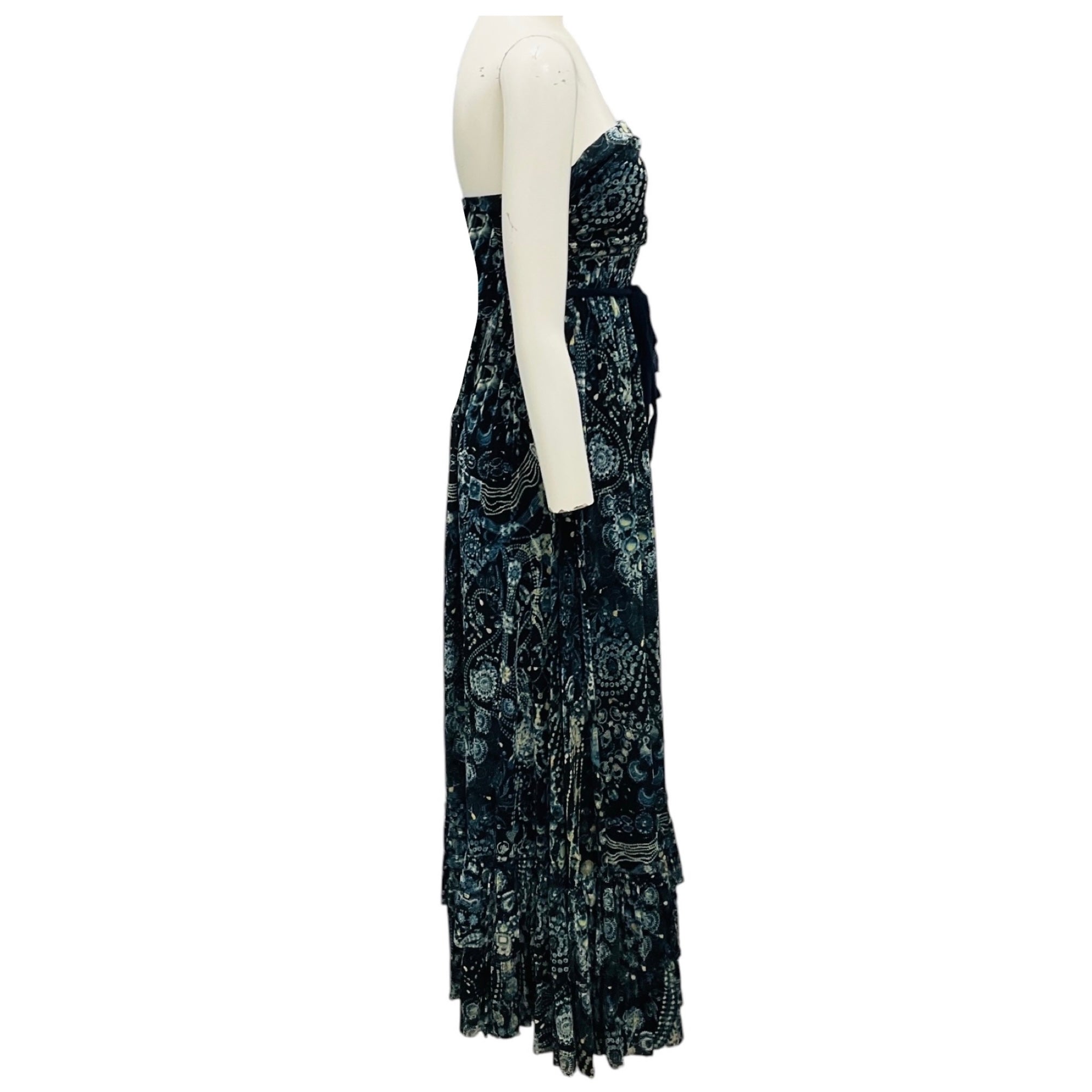 Jean Paul Gaultier Soleil Navy Blue Multi Strapless Mesh Tulle Midi Dress with Belt