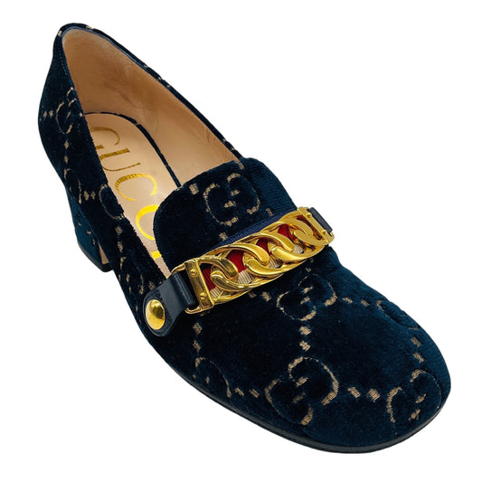 Gucci Navy Blue GG Logo Velvet Mid Heel Loafer Pumps with Gold Hardware