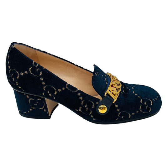 Gucci Navy Blue GG Logo Velvet Mid Heel Loafer Pumps with Gold Hardware