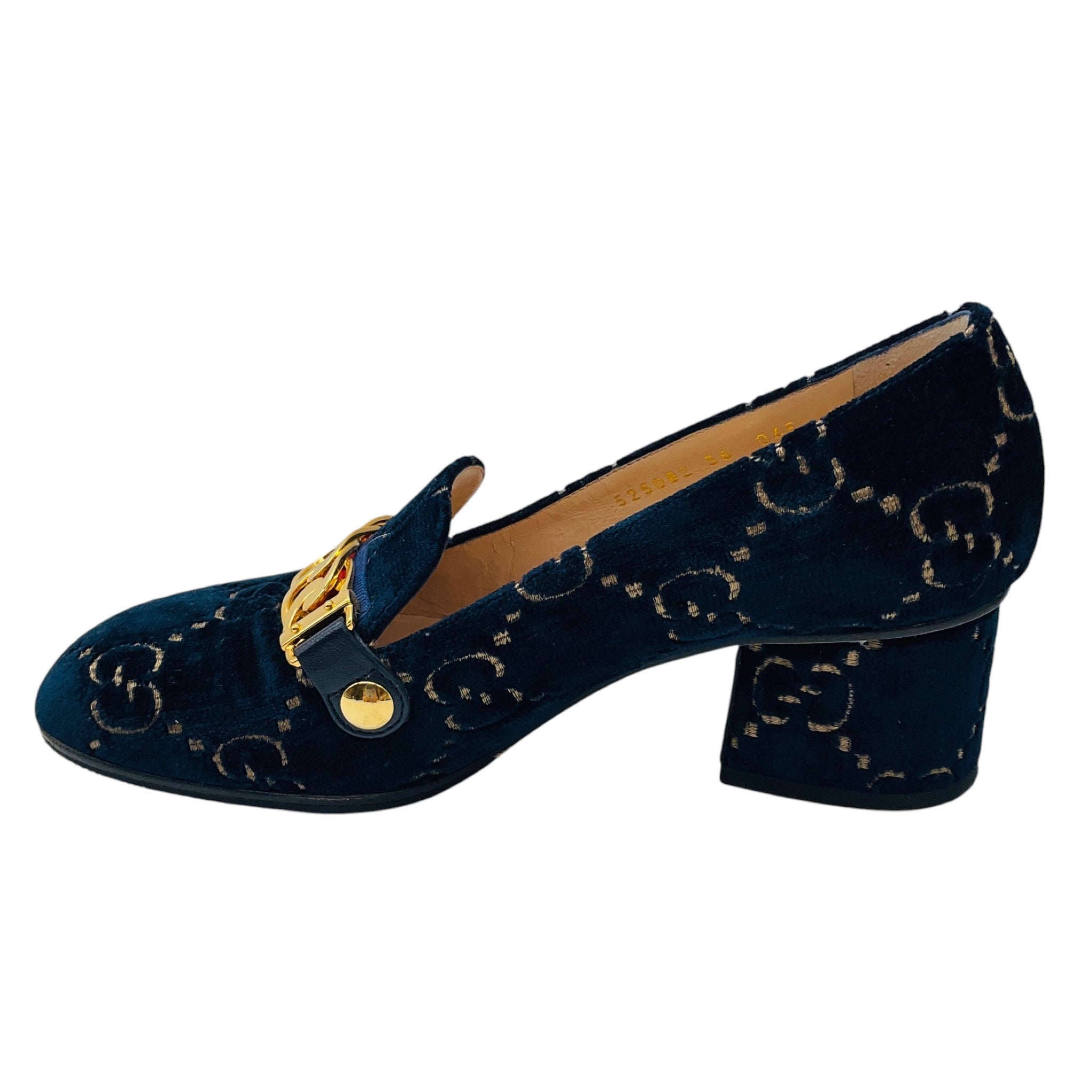 Gucci Navy Blue GG Logo Velvet Mid Heel Loafer Pumps with Gold Hardware