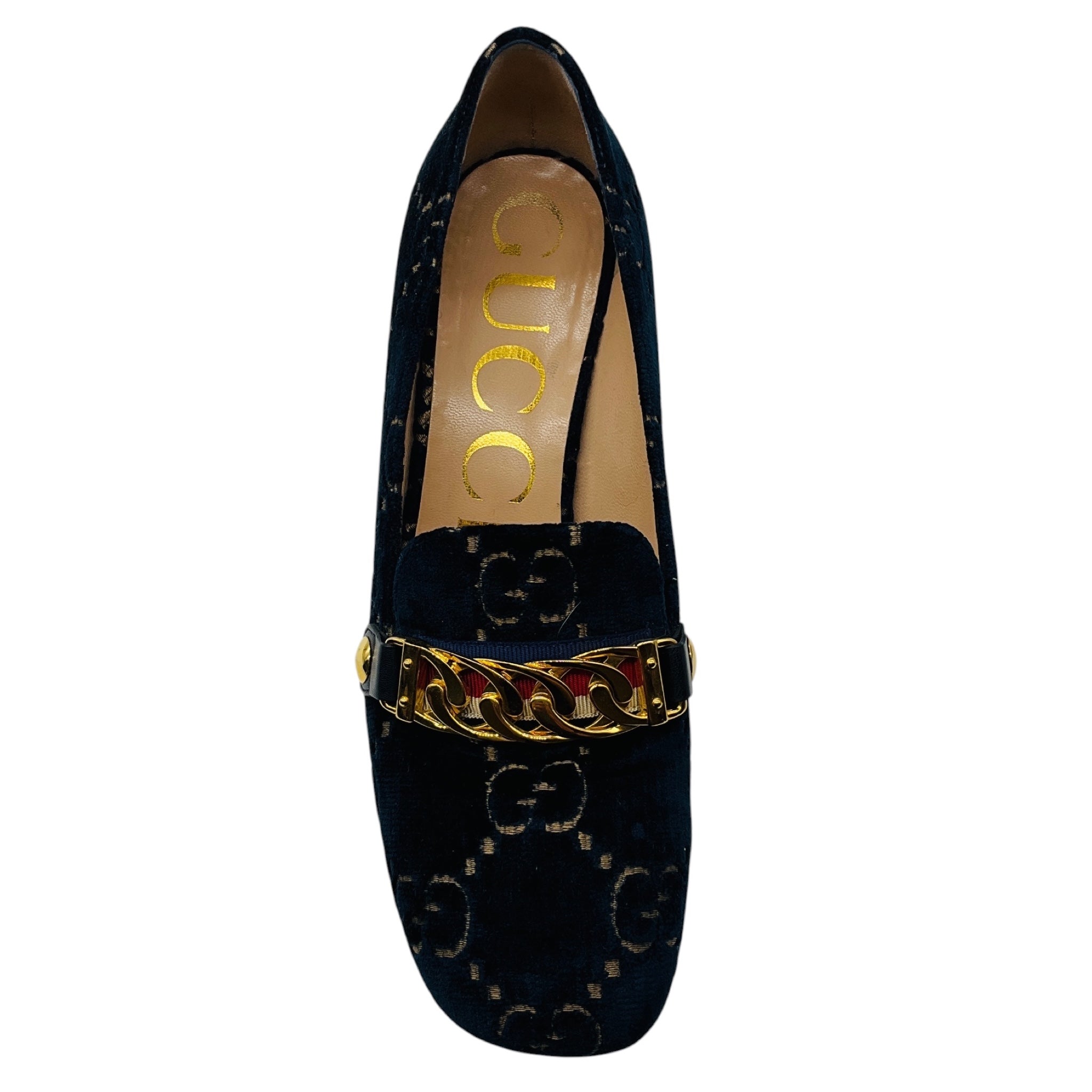 Gucci Navy Blue GG Logo Velvet Mid Heel Loafer Pumps with Gold Hardware