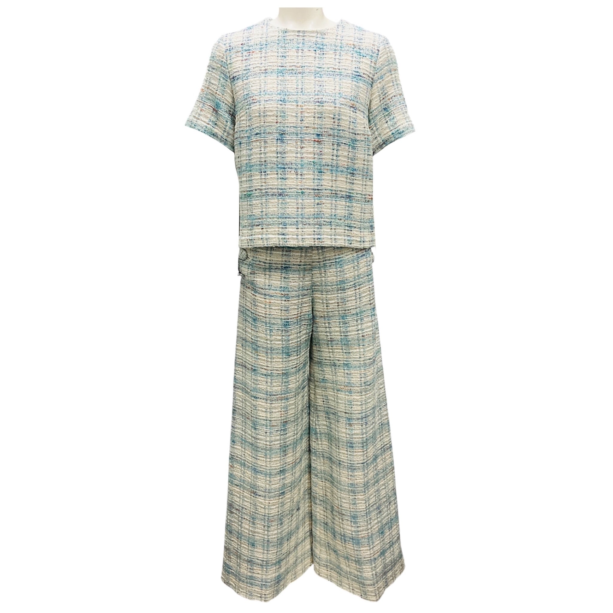 Lisa Marie Fernandez Turquoise / Ivory Plaid Tweed Top and Pants Set