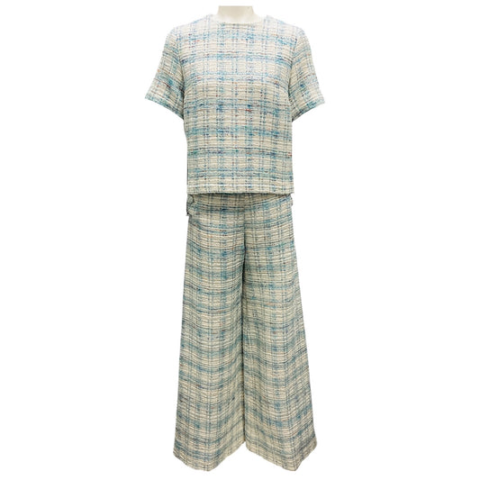 Lisa Marie Fernandez Turquoise / Ivory Plaid Tweed Top and Pants Set