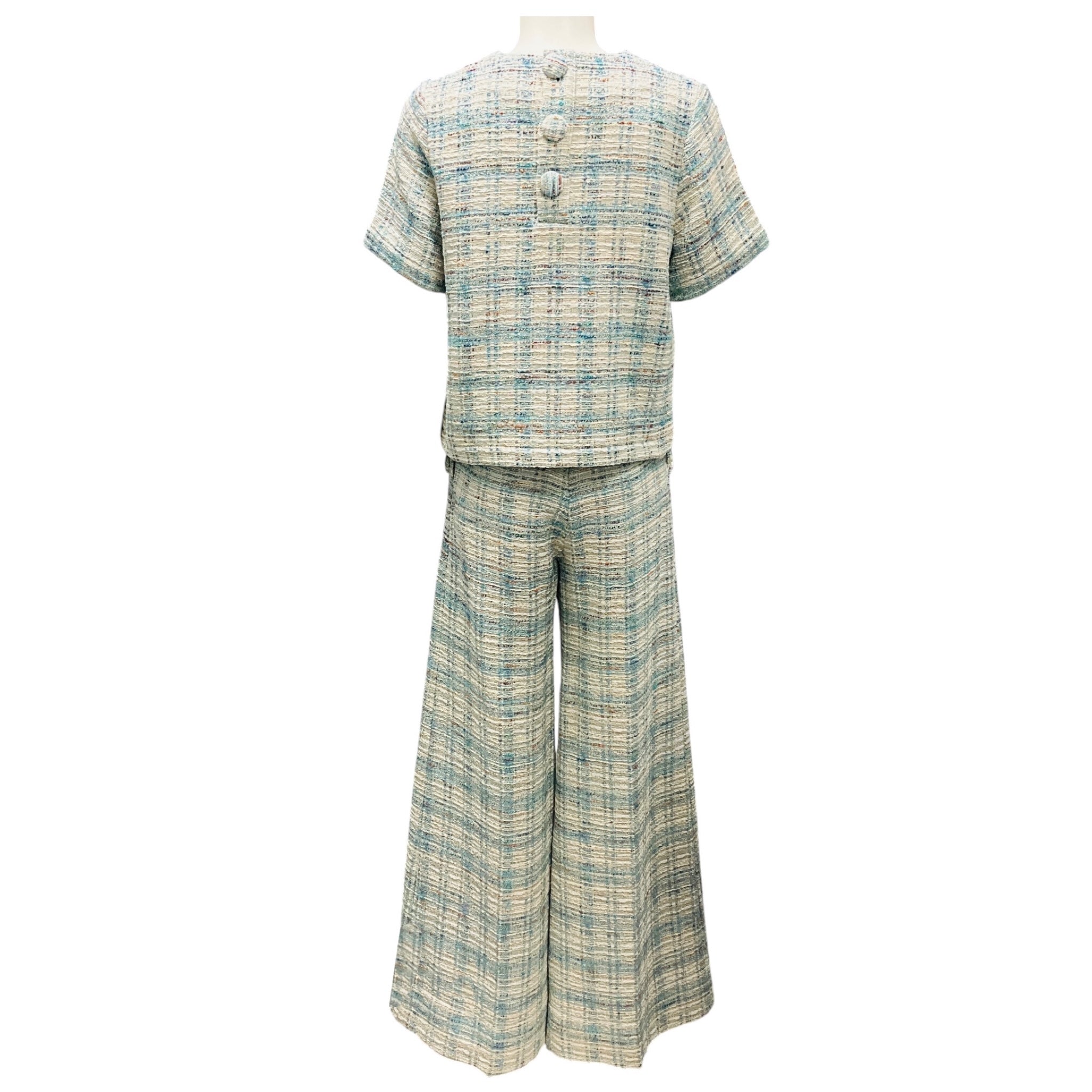 Lisa Marie Fernandez Turquoise / Ivory Plaid Tweed Top and Pants Set