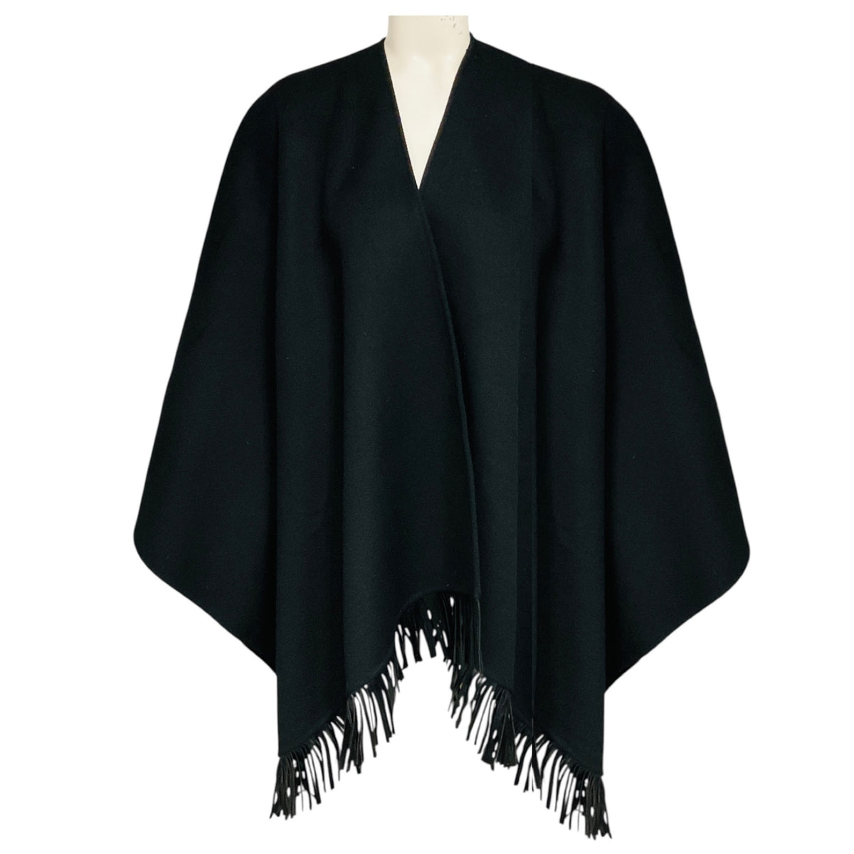 Anne Fontaine Black Fringed Leather Hem Wool Cape