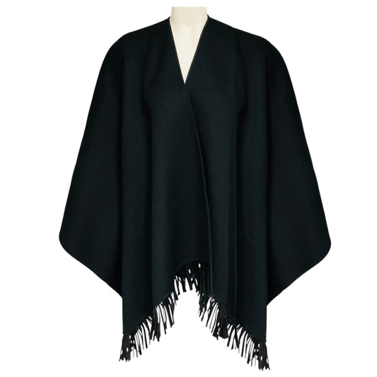 Anne Fontaine Black Fringed Leather Hem Wool Cape
