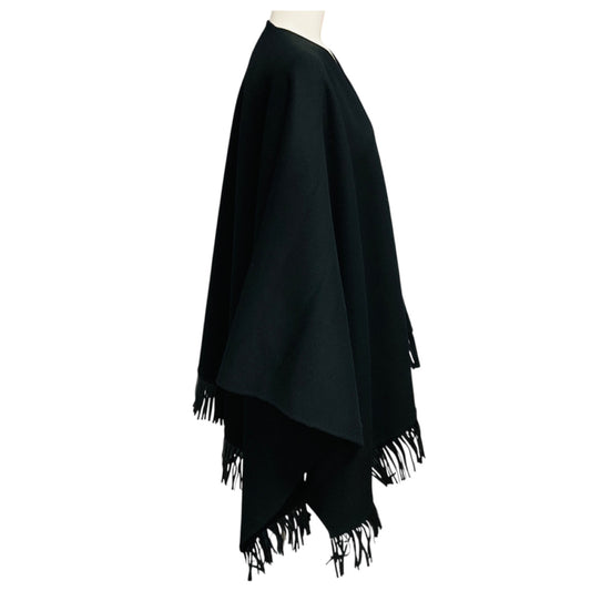 Anne Fontaine Black Fringed Leather Hem Wool Cape