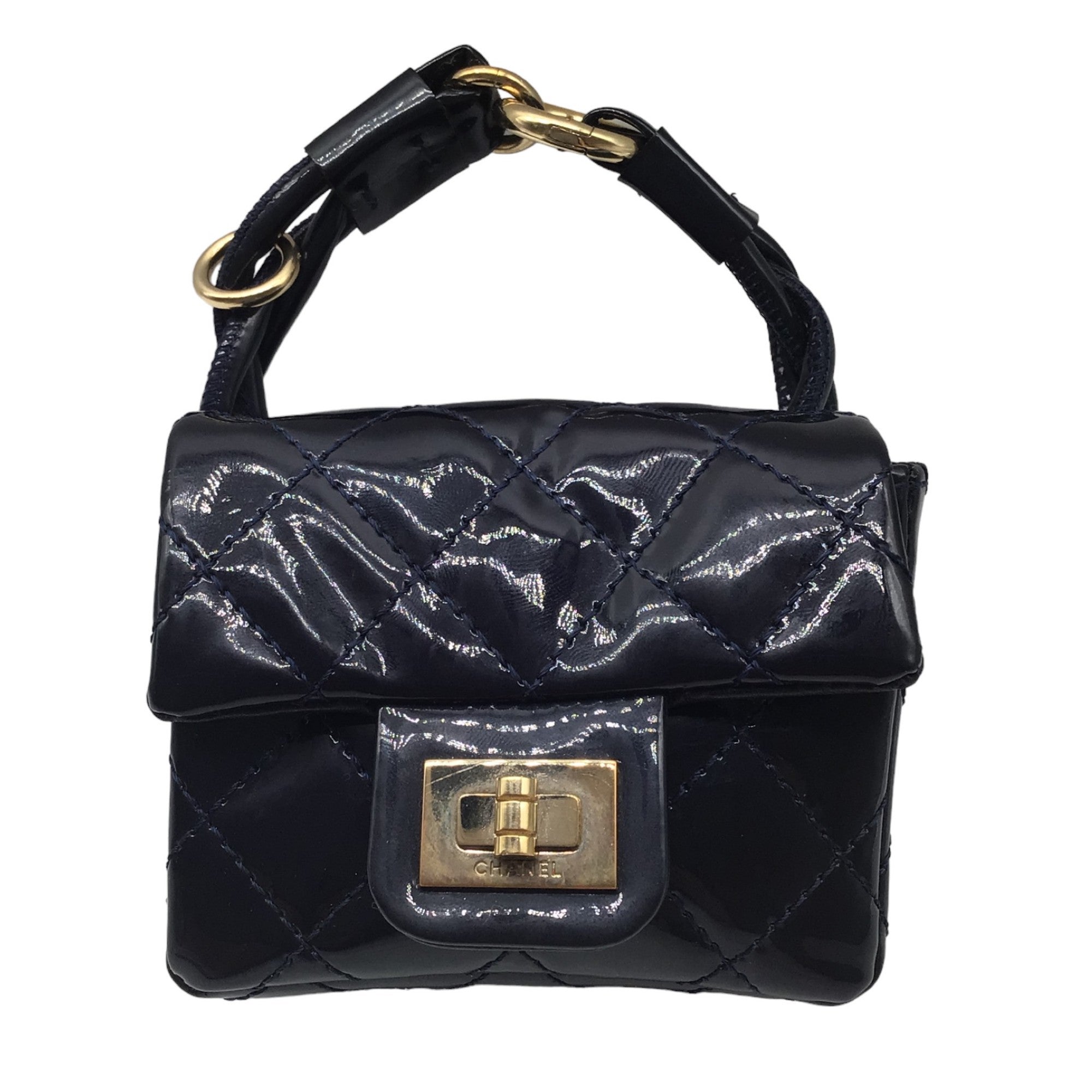 Chanel Navy Blue Quilted Patent Leather Anklet Ankle Monitor Mini Bag