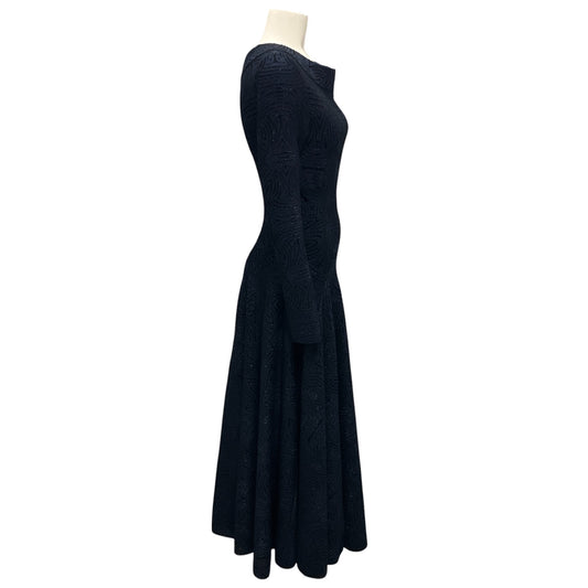 Alaia Navy / Black Metallic Long Sleeved Flared Knit Midi Dress