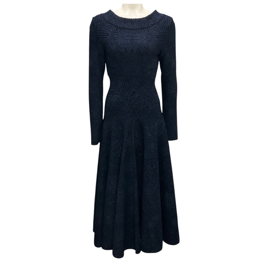 Alaia Navy / Black Metallic Long Sleeved Flared Knit Midi Dress