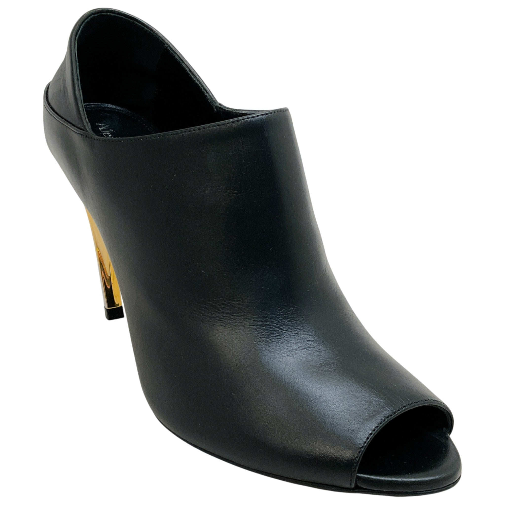 Alexander McQueen Black Leather Open Toe Pumps with Silver / Gold Heel
