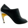 Load image into Gallery viewer, Alexander McQueen Black Leather Open Toe Pumps with Silver / Gold Heel
