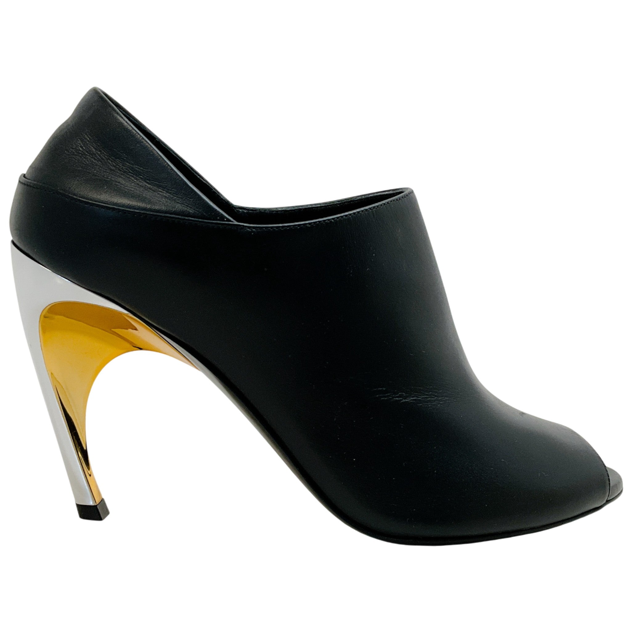 Alexander McQueen Black Leather Open Toe Pumps with Silver / Gold Heel