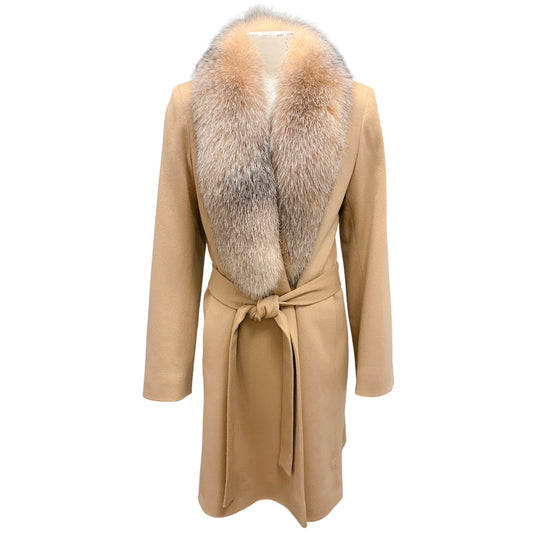 Fleurette Camel Fox Fur Collar Wool Wrap Coat with Belt