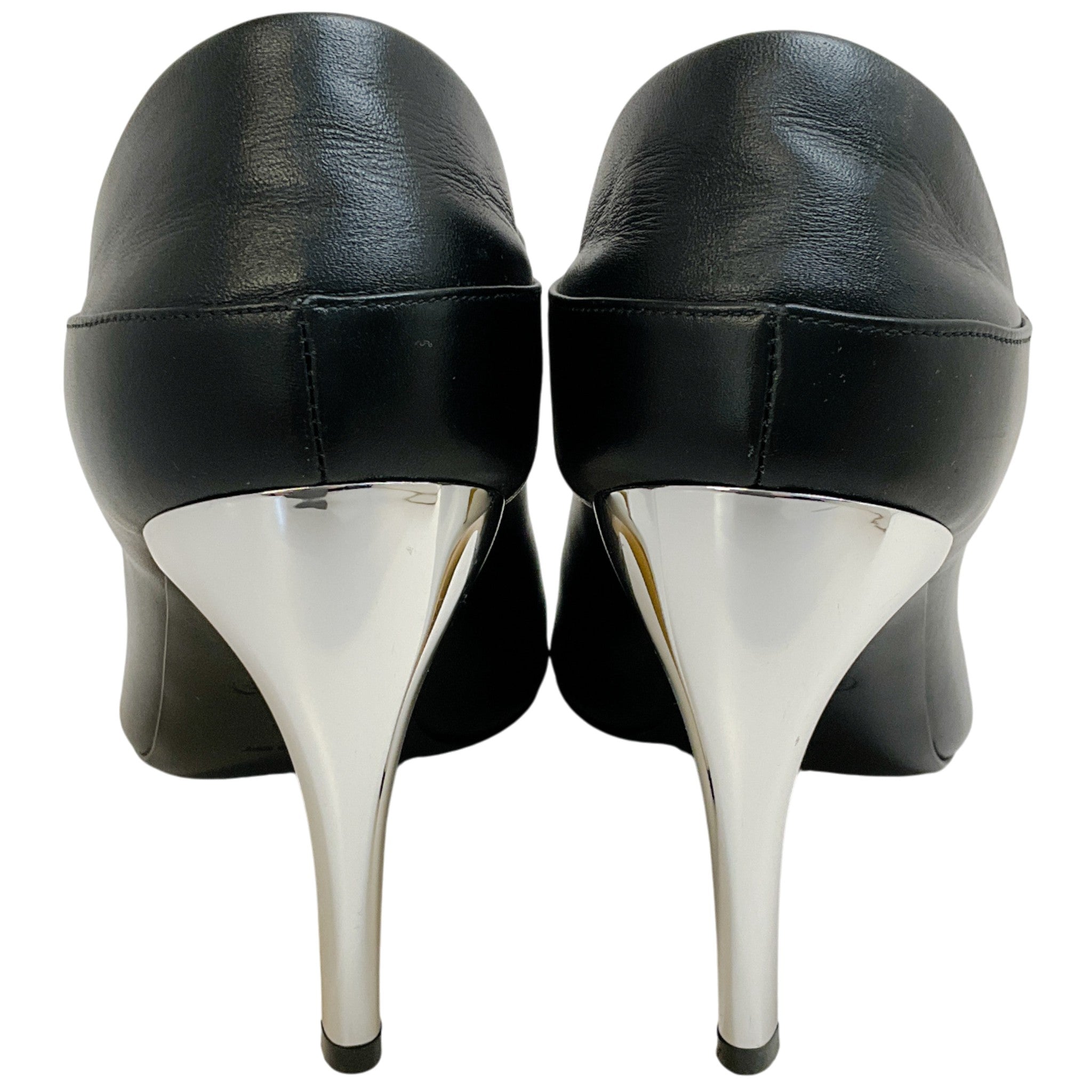 Alexander McQueen Black Leather Open Toe Pumps with Silver / Gold Heel