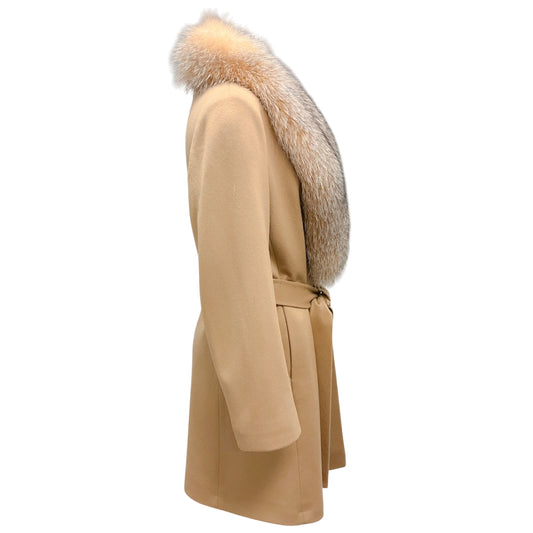 Fleurette Camel Fox Fur Collar Wool Wrap Coat with Belt