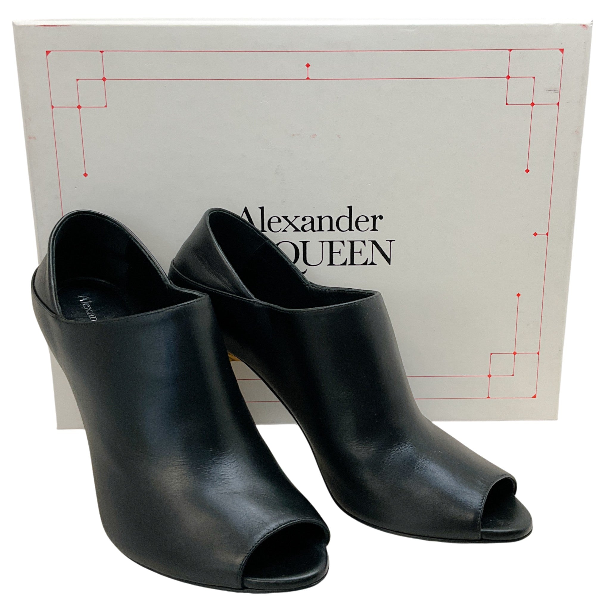 Alexander McQueen Black Leather Open Toe Pumps with Silver / Gold Heel