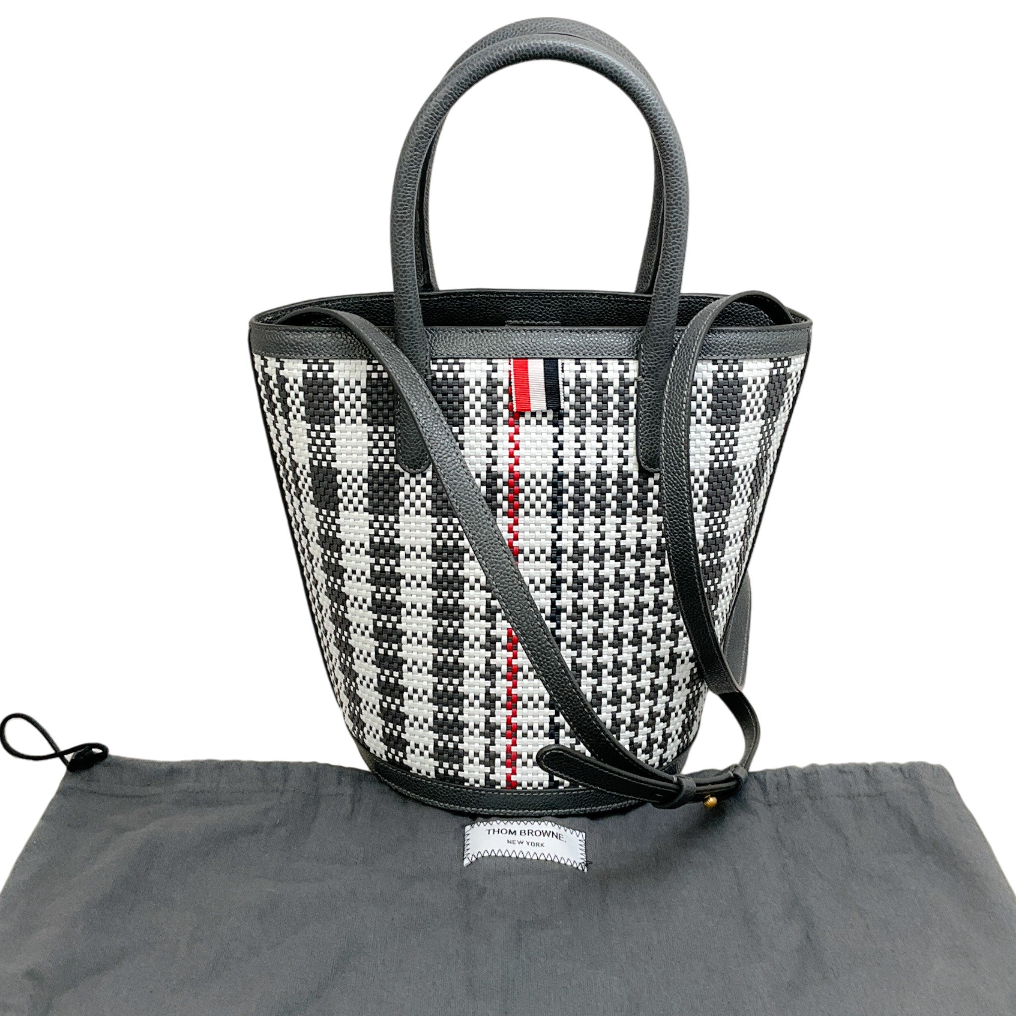 Thom Browne Dark Grey Checked Woven Leather Bucket Bag