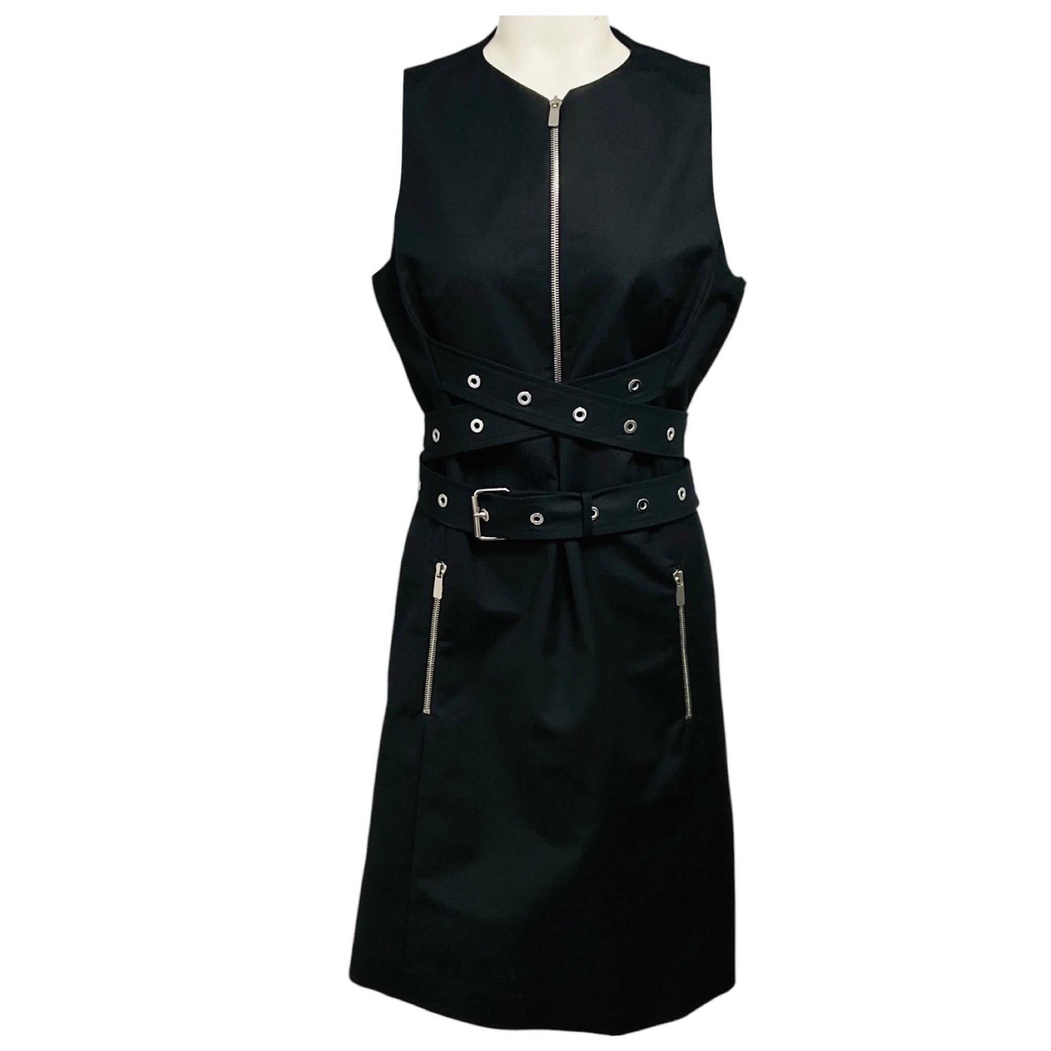 Michael Kors Collection Black Sleeveless Cotton Stretch Dress with Grommet Detail Belt