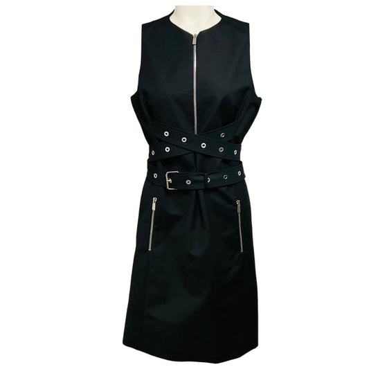 Michael Kors Collection Black Sleeveless Cotton Stretch Dress with Grommet Detail Belt