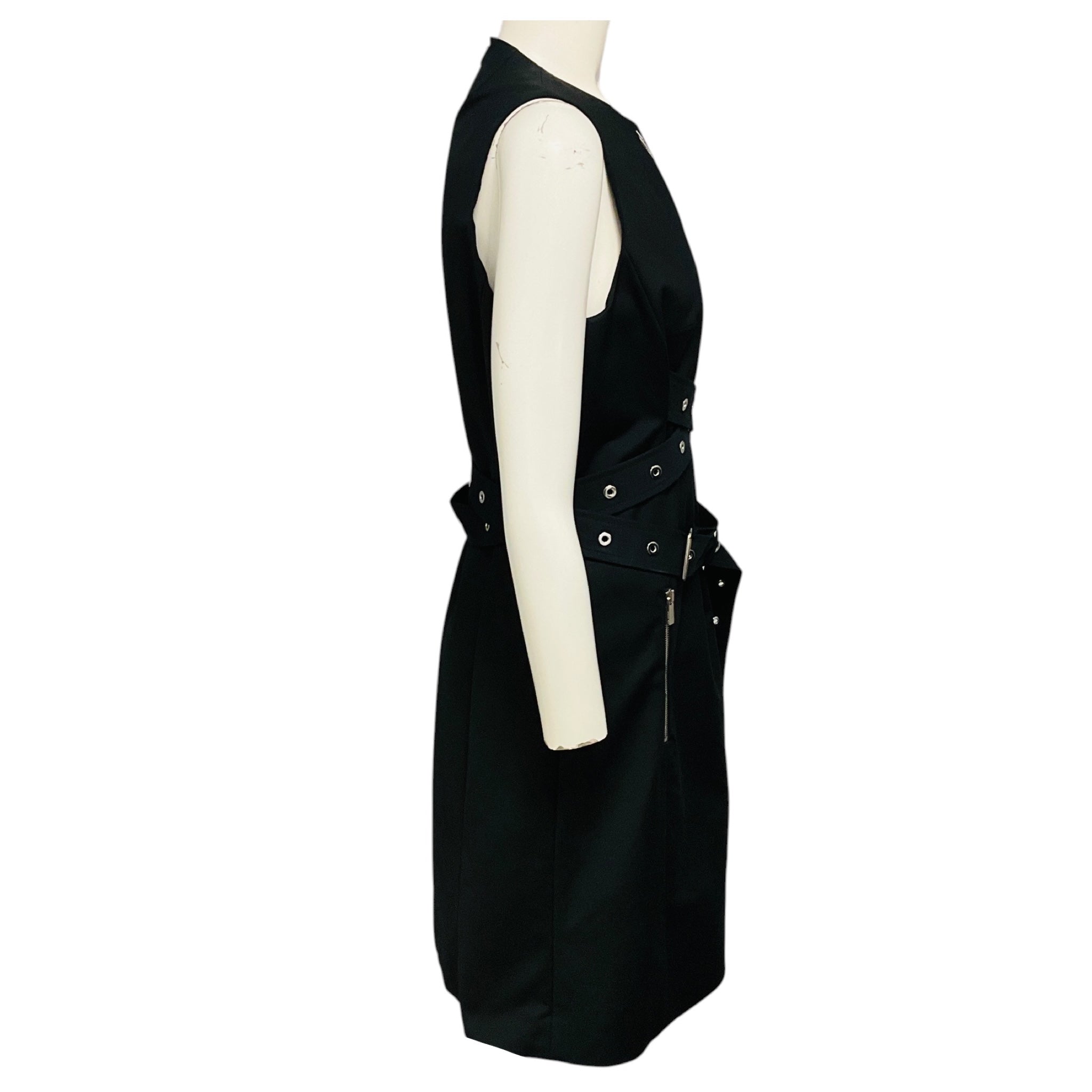 Michael Kors Collection Black Sleeveless Cotton Stretch Dress with Grommet Detail Belt