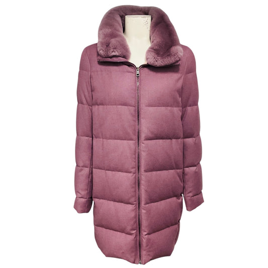 Amina Rubinacci Mauve Delia Quilted Zip Front Down Puffer Coat with Fur Collar