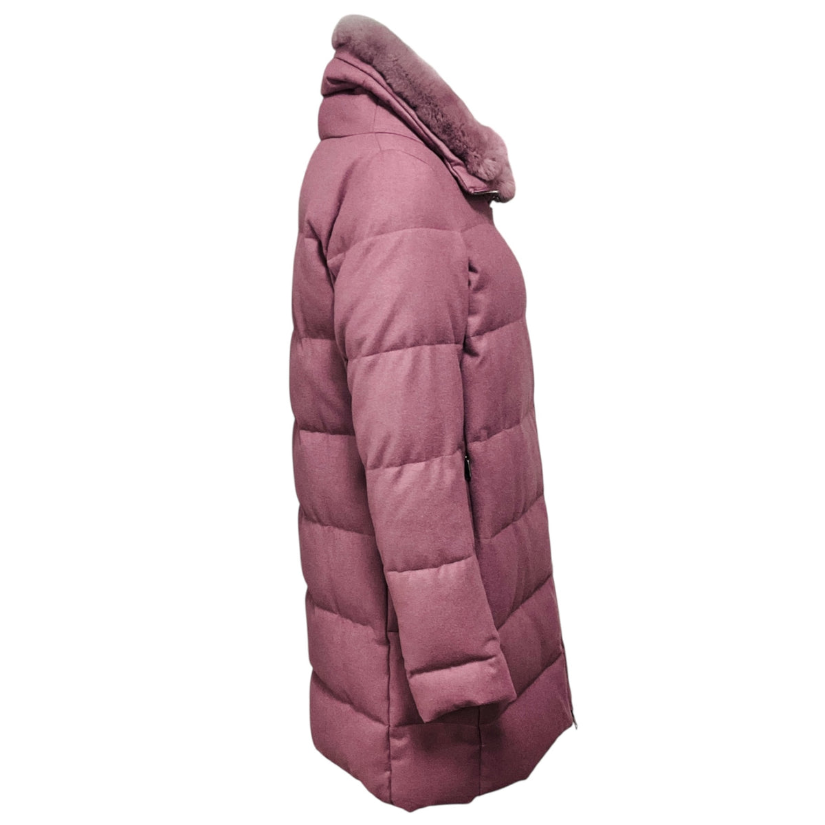 Amina Rubinacci Mauve Delia Quilted Zip Front Down Puffer Coat with Fur Collar