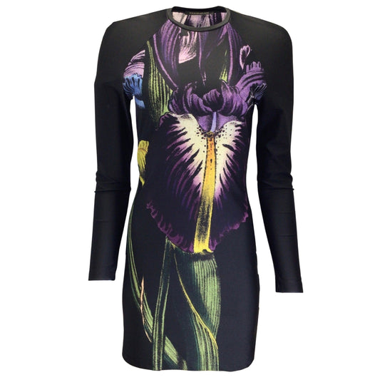 Christopher Kane Black / Purple Multi Flower Print Long Sleeved Fitted Dress