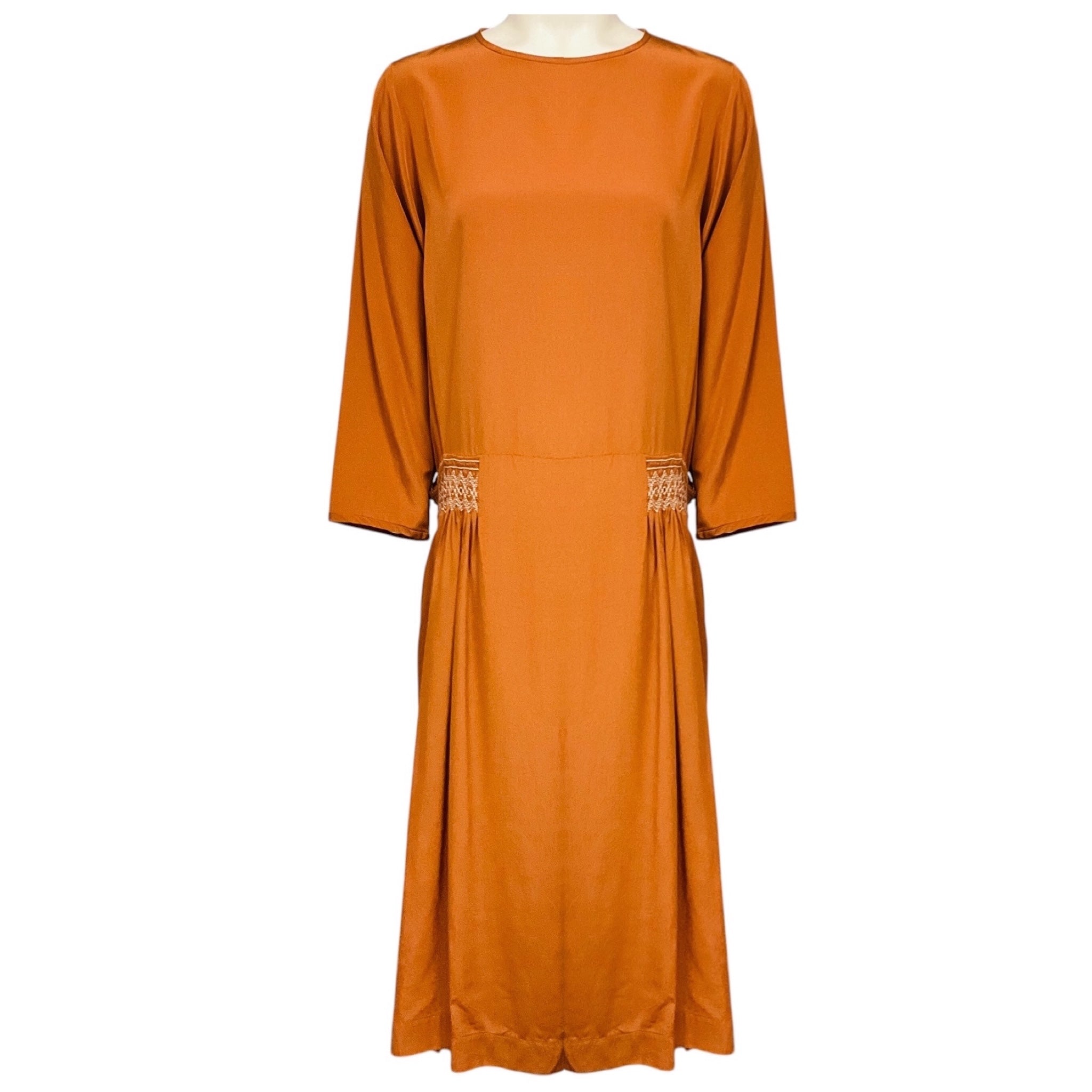 Arts & Science Burnt Orange Long Sleeved Satin Midi Dress