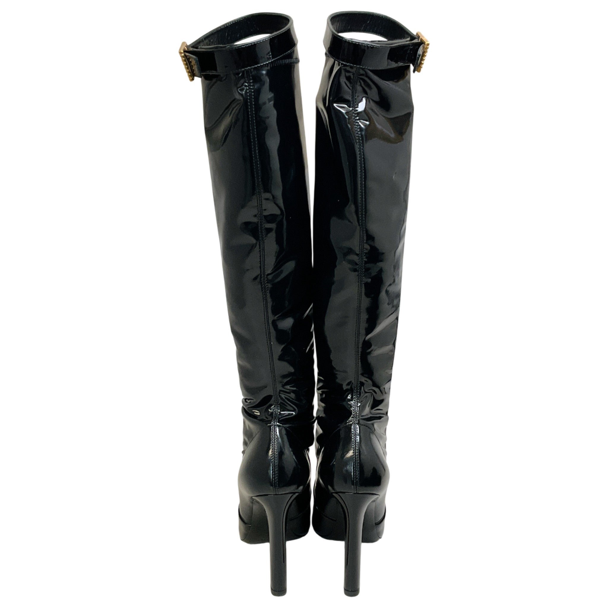 Saint Laurent Black Patent Leather Tall Rhinestone Buckle Boots