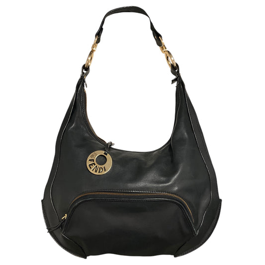 Fendi Vintage Black Leather Hobo Bag with Gold Hardware