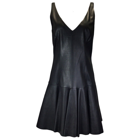 Ralph Lauren Blue Label Black Sleeveless V-Neck Flared Leather Dress