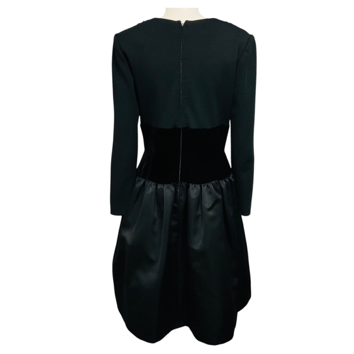 Oscar de la Renta Vintage Black Button Front Wool and Satin Flared Dress with Velvet Waist