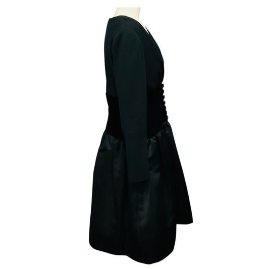 Oscar de la Renta Vintage Black Button Front Wool and Satin Flared Dress with Velvet Waist