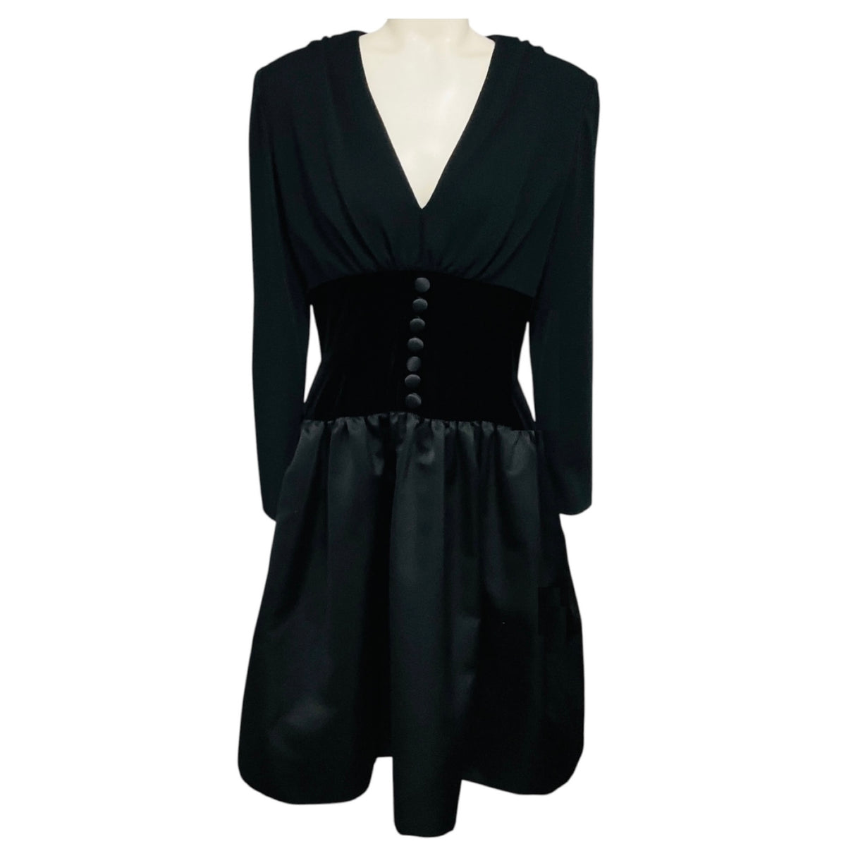 Oscar de la Renta Vintage Black Button Front Wool and Satin Flared Dress with Velvet Waist