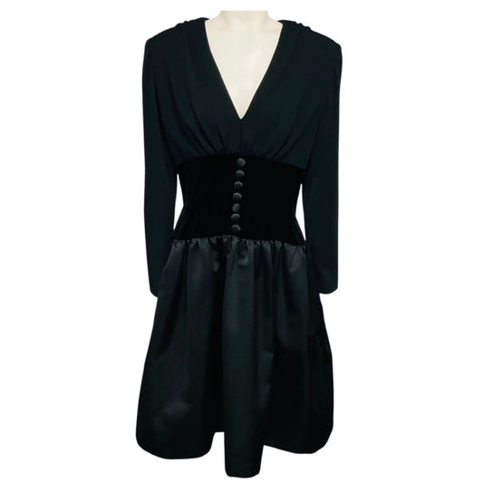 Oscar de la Renta Vintage Black Button Front Wool and Satin Flared Dress with Velvet Waist