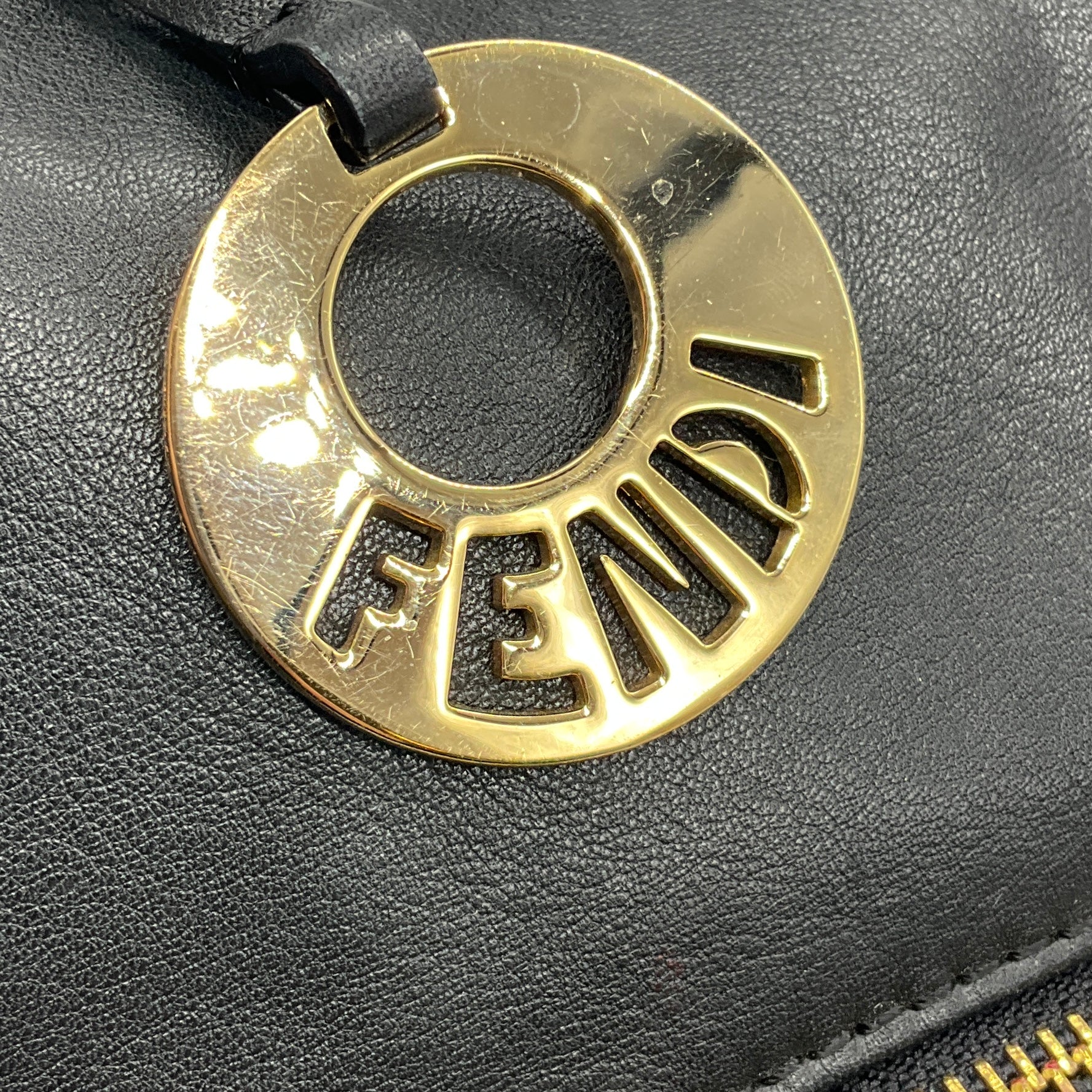 Fendi Vintage Black Leather Hobo Bag with Gold Hardware