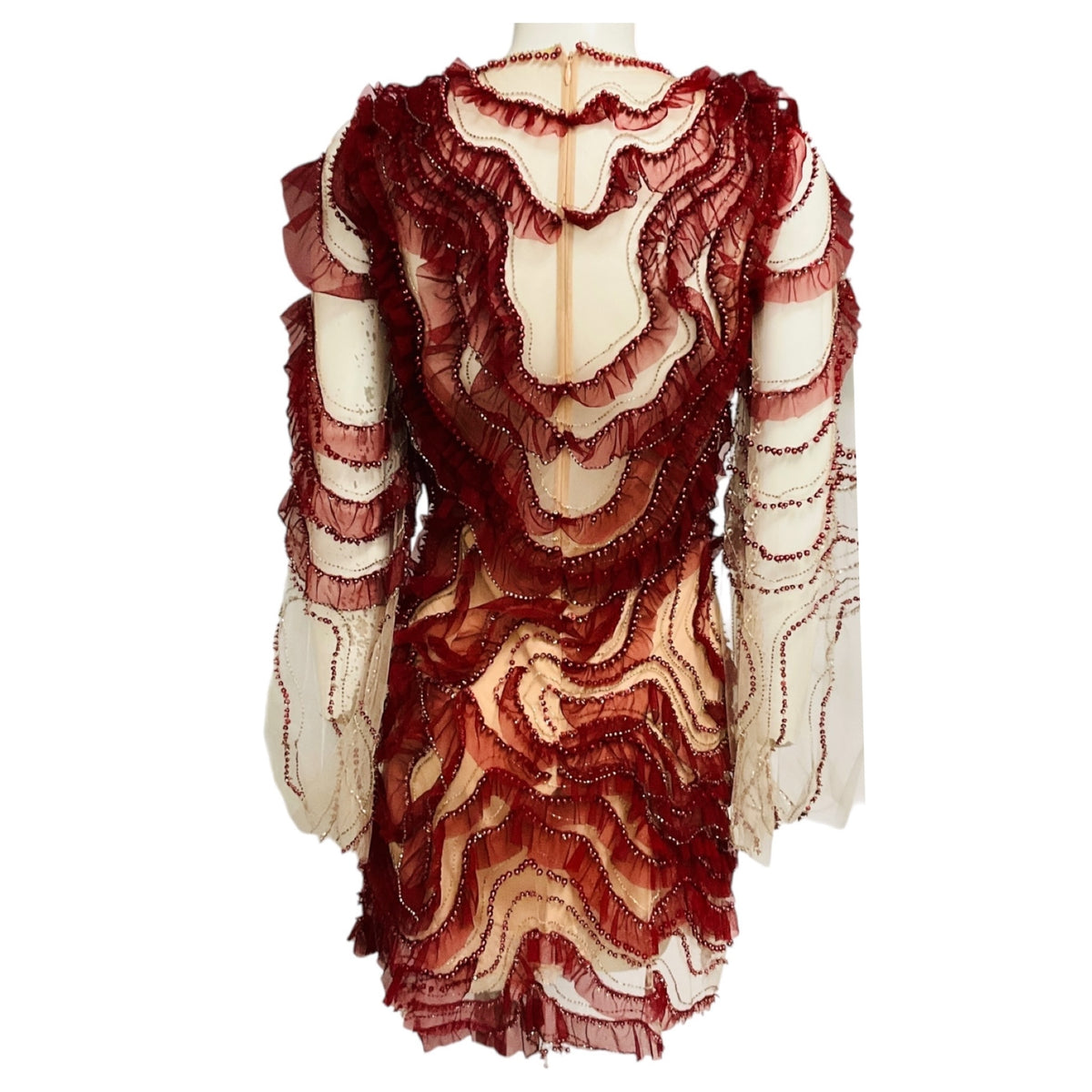 Jenny Packham Garnet Red / Nude Embellished Mesh Tulle Cocktail Dress