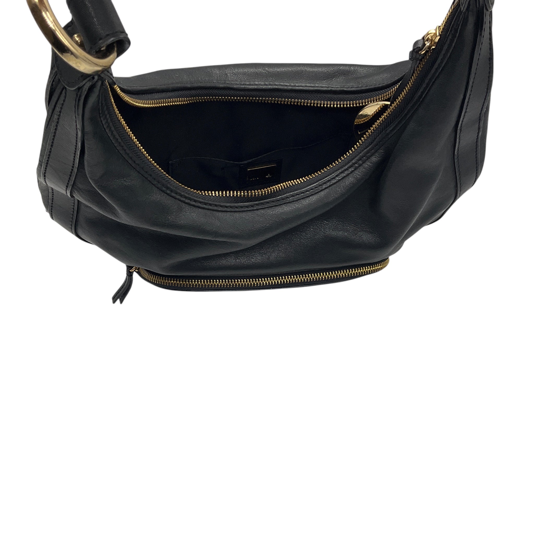 Fendi Vintage Black Leather Hobo Bag with Gold Hardware